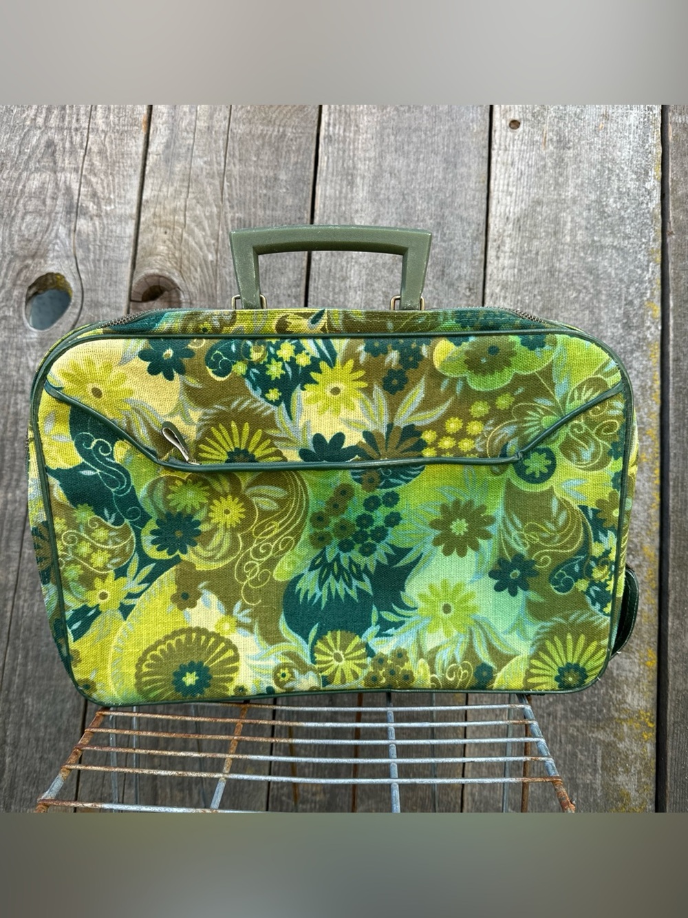 VTG 60s-70s Sarne Japan Green Floral Mini Travel Bag Brief Case 15"x10"x3"